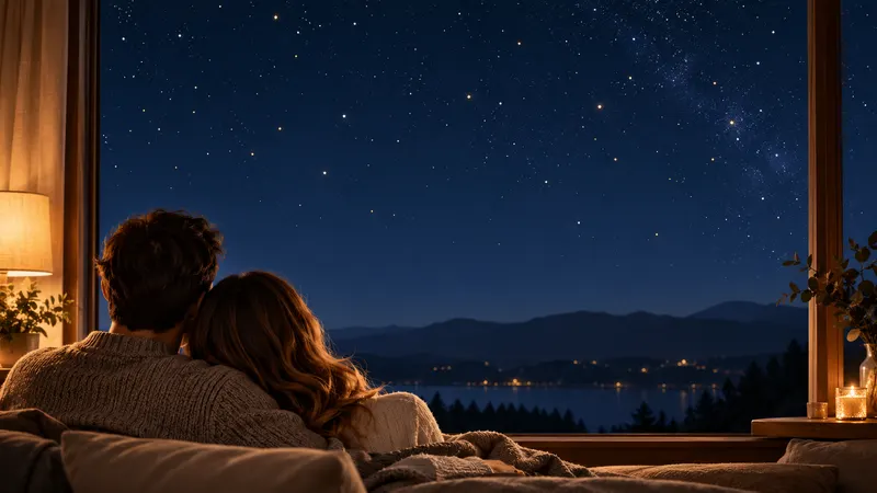 Ilustração de um casal a observar em conjunto um céu estrelado.