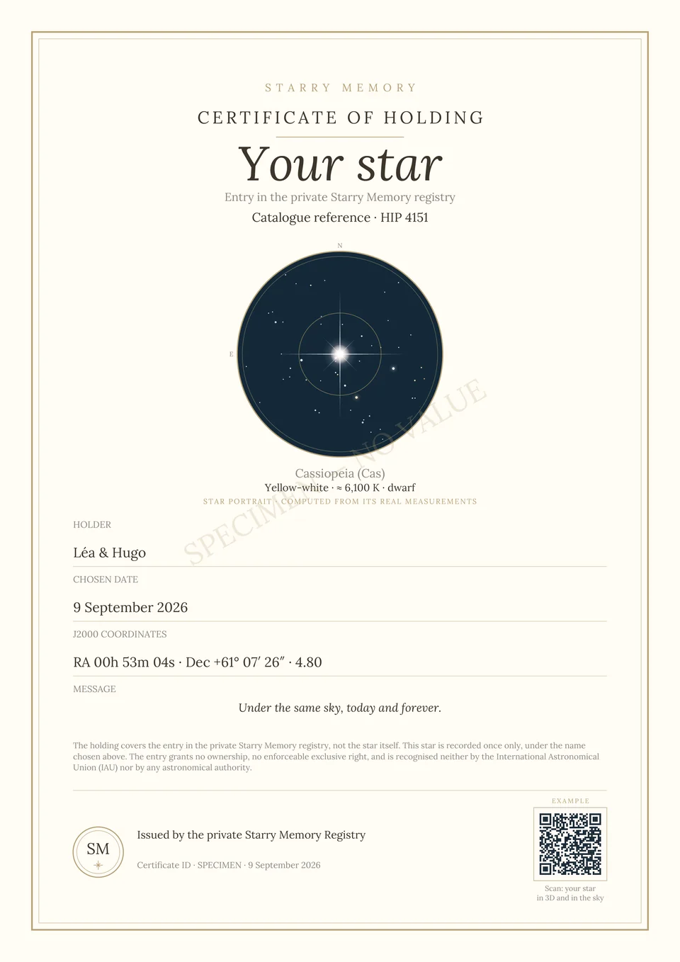 Example Starry Memory certificate for the star HIP 4151, “Your star”, with its QR code