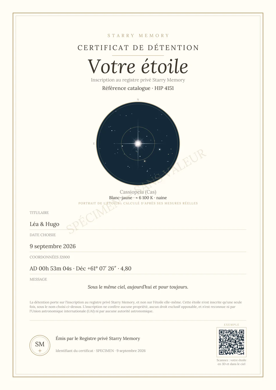Exemple de certificat Starry Memory pour l’étoile HIP 4151, « Votre étoile », avec son QR code