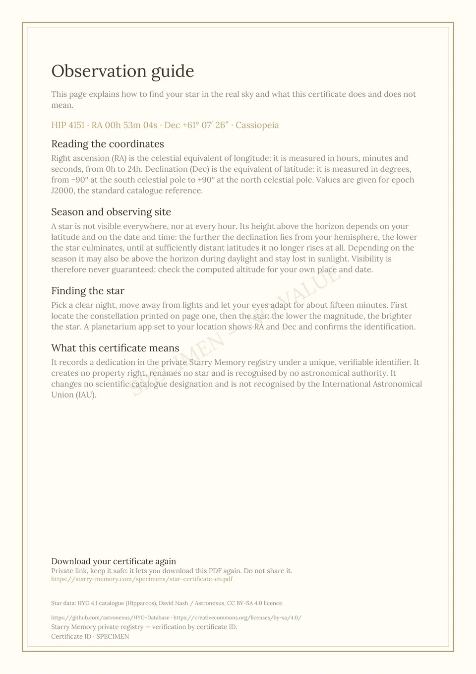 Page 2 of the example certificate: the guide to observing HIP 4151