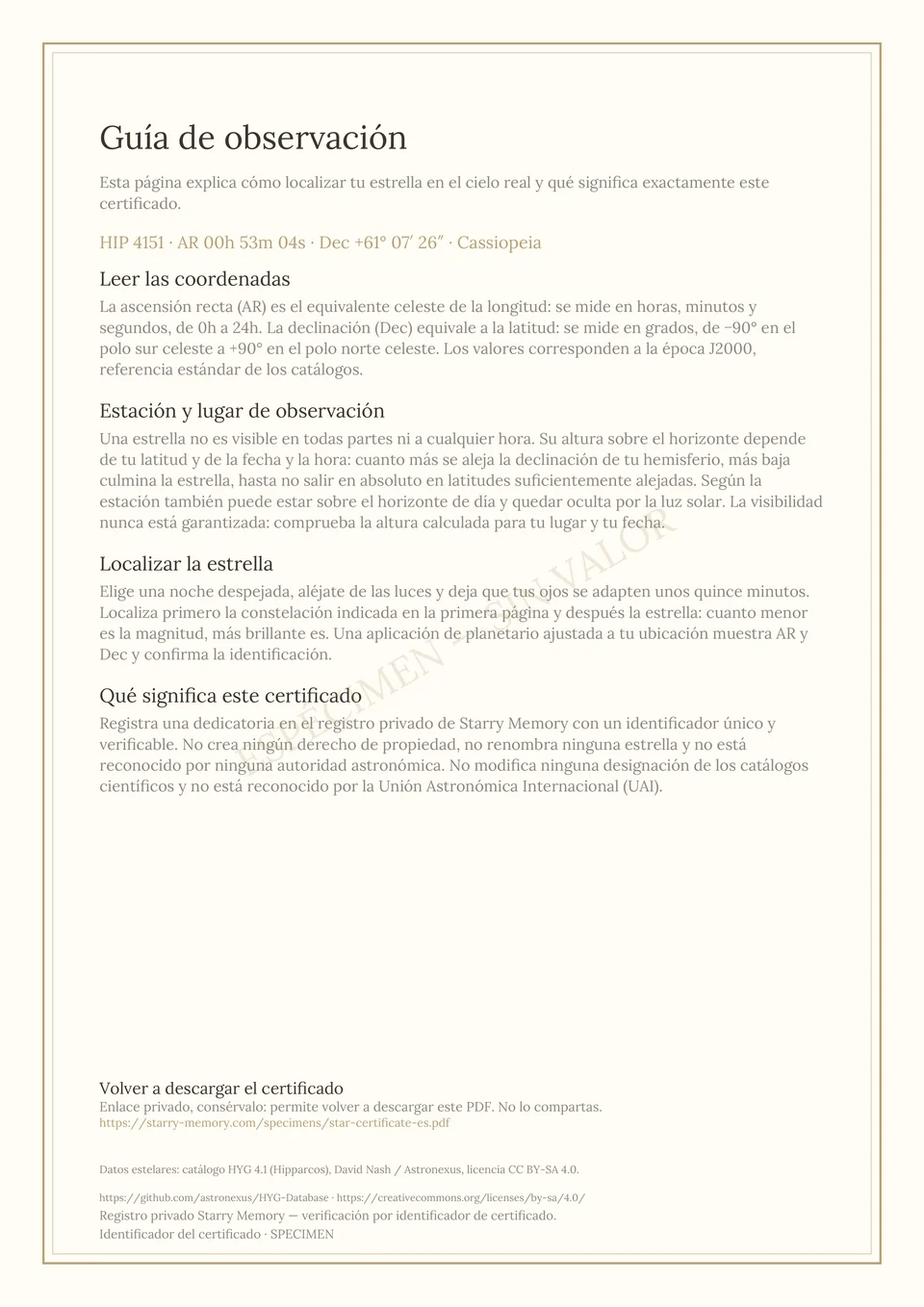 Página 2 del certificado de ejemplo: la guía para observar HIP 4151