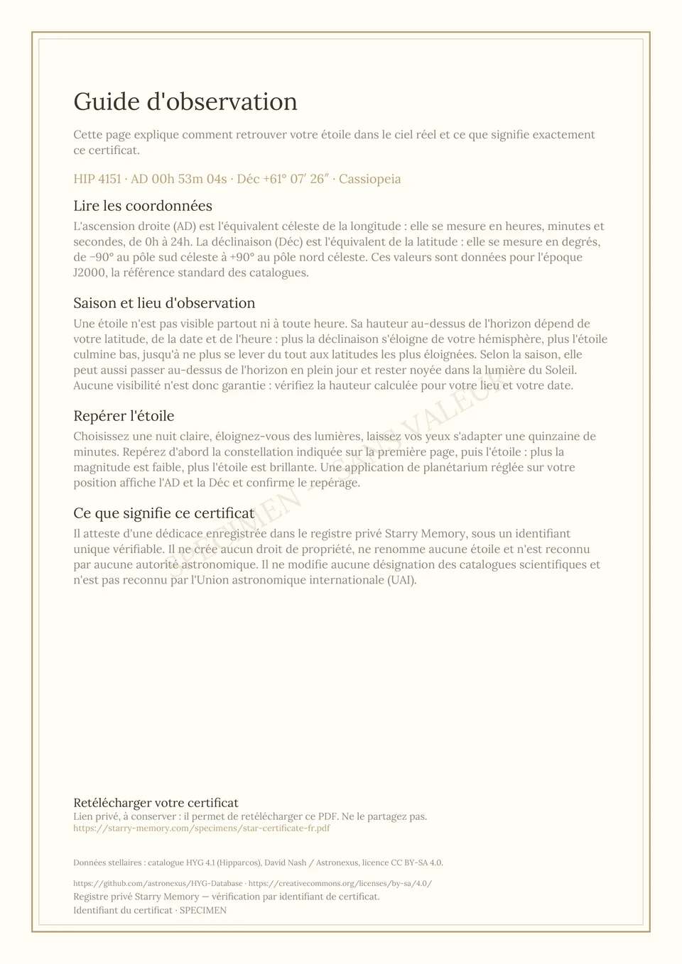Page 2 du certificat d’exemple : le guide pour observer HIP 4151