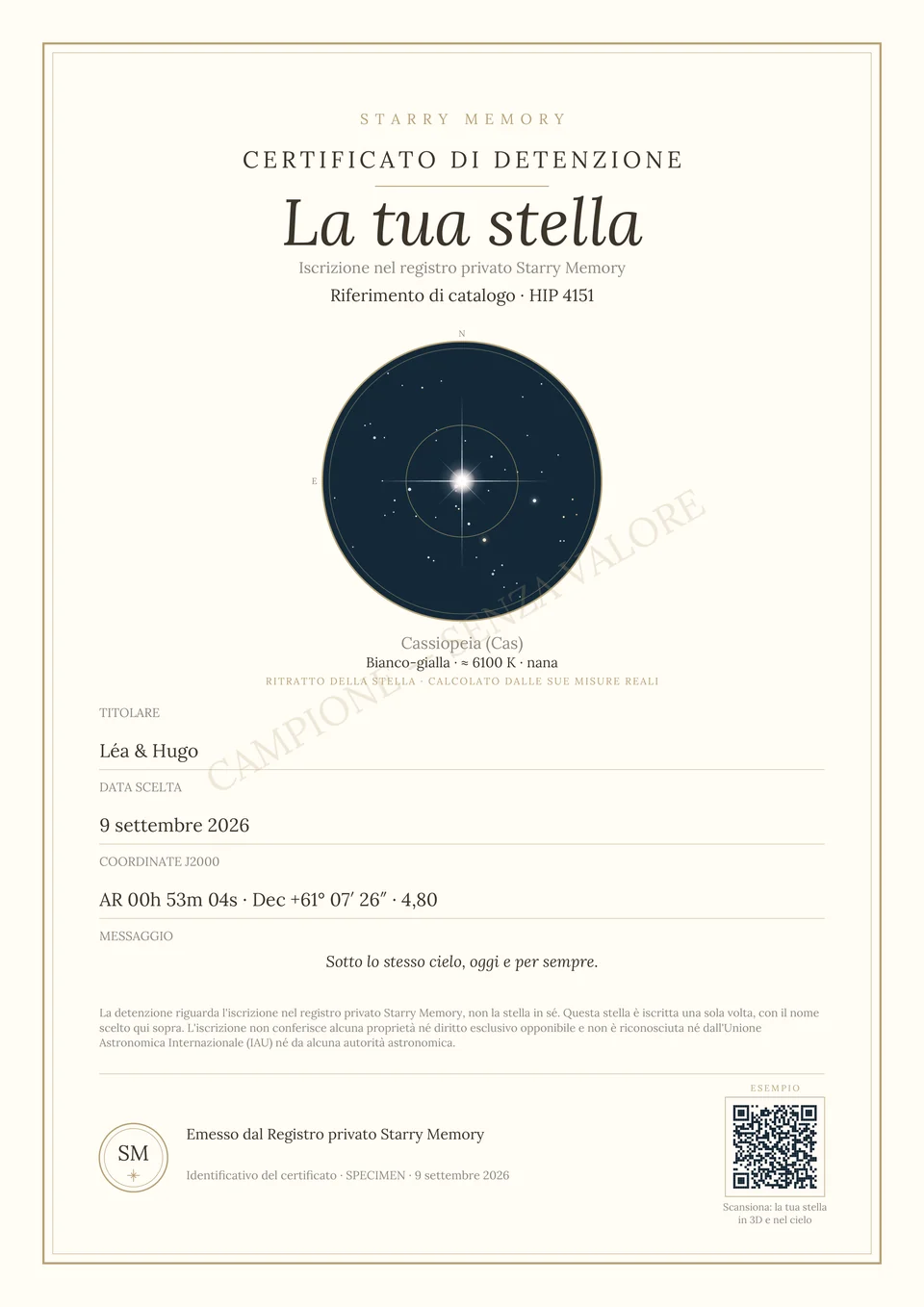 Esempio di certificato Starry Memory per la stella HIP 4151, «La tua stella», con il suo codice QR