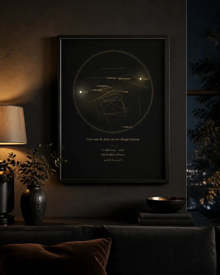 Carte du ciel Starry Memory encadrée, style Nuit d’Or, au mur d’un salon le soir