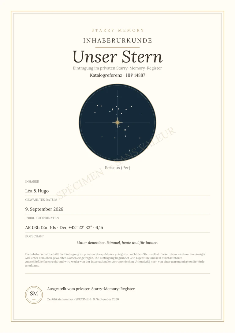 Beispiel eines Starry-Memory-PDF-Zertifikats mit persönlichem Namen und Sternreferenz