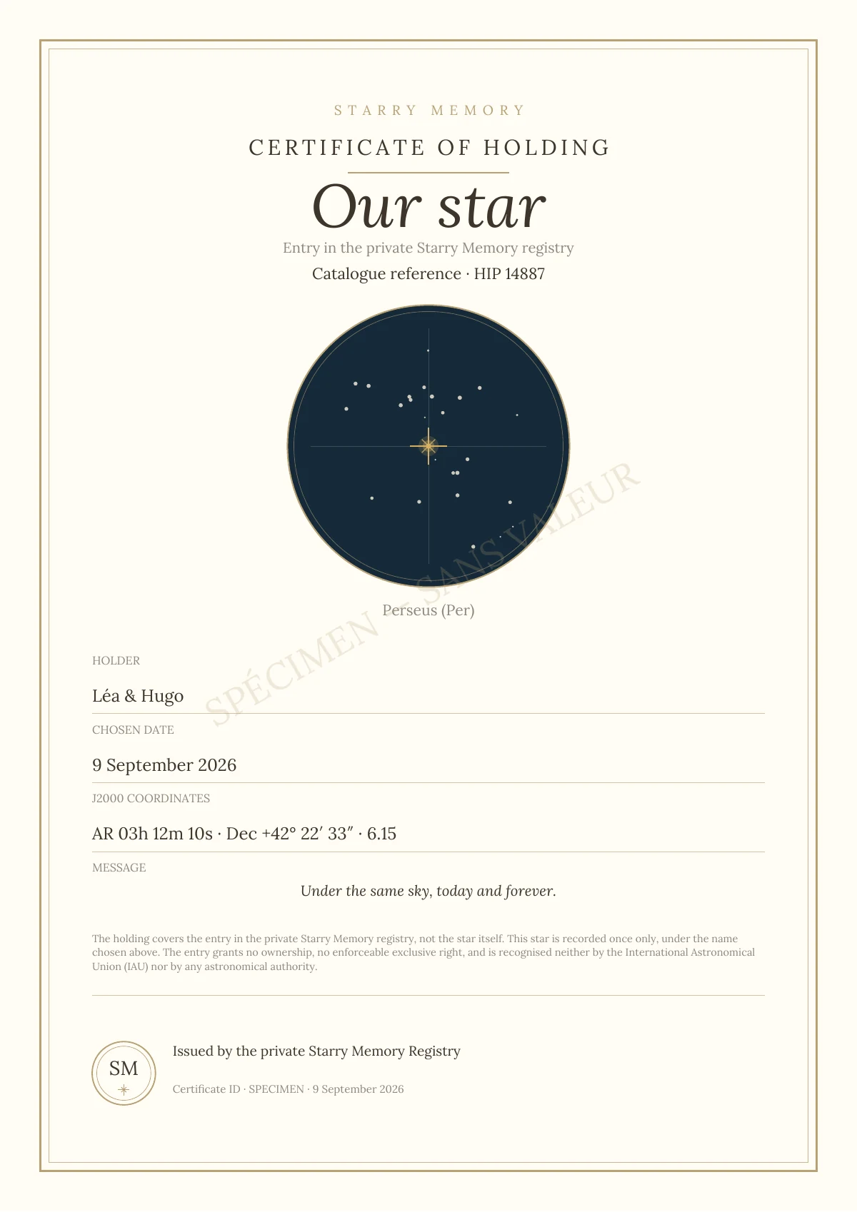 Specimen Starry Memory holding certificate: Our star, HIP 14887, for Léa and Hugo