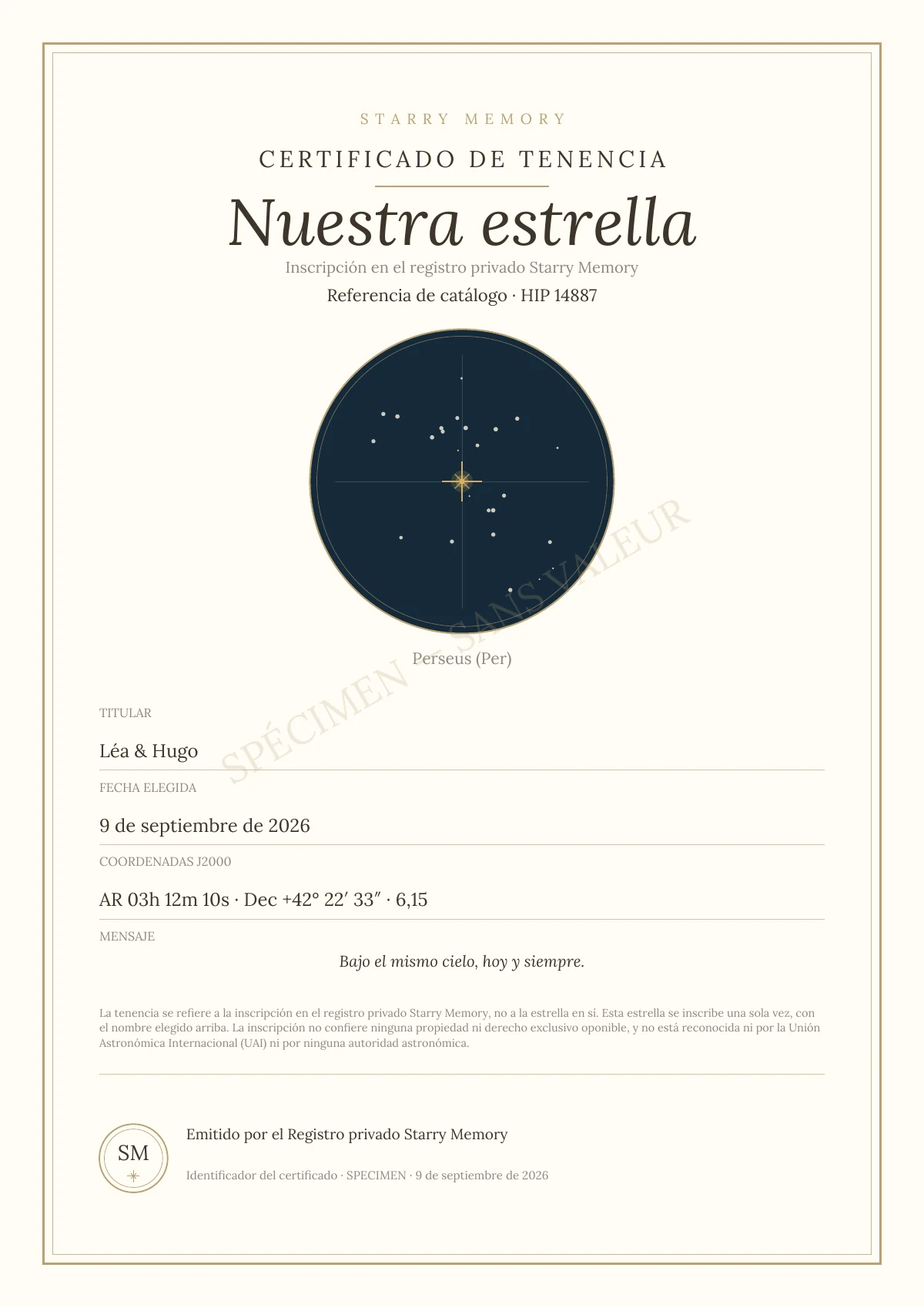 Ejemplo del certificado de Starry Memory: Nuestra estrella, HIP 14887, para Léa y Hugo