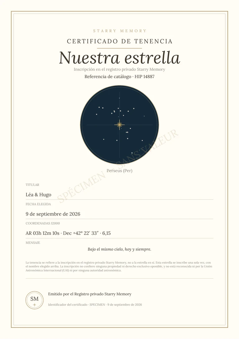 Ejemplo de certificado PDF Starry Memory con nombre personalizado y referencia de la estrella