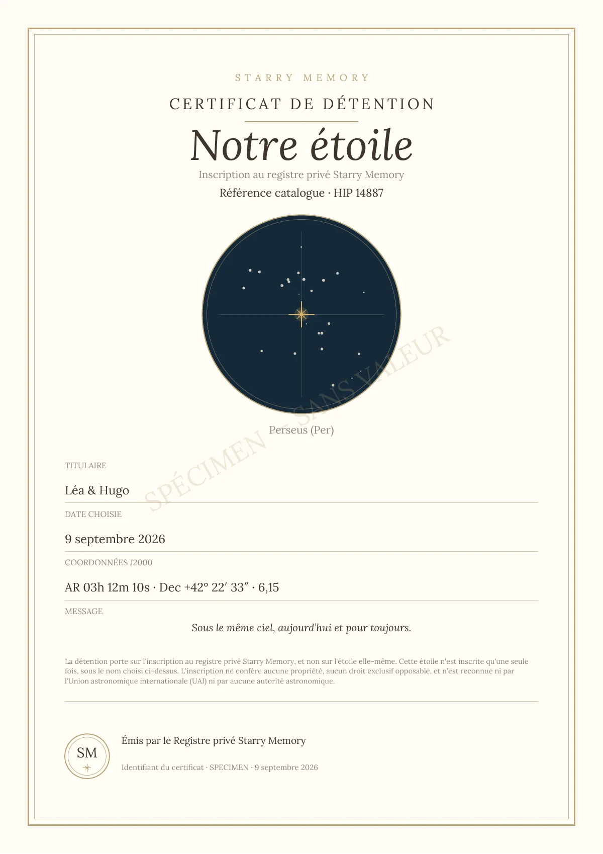 Spécimen du certificat de détention Starry Memory : Notre étoile, HIP 14887, titulaire Léa et Hugo