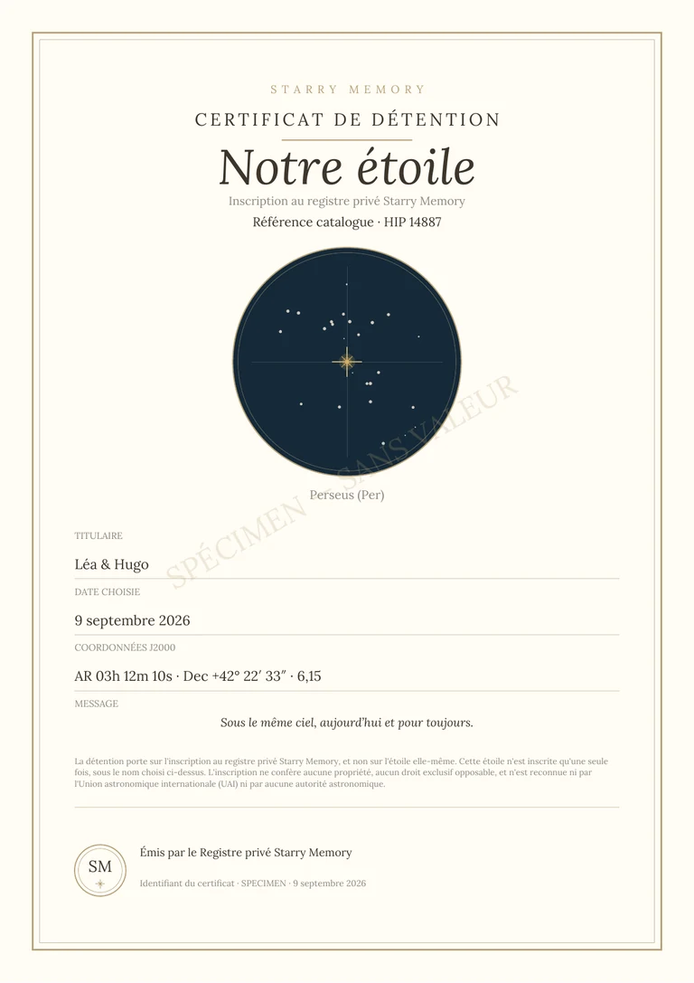 Exemple du certificat PDF Starry Memory avec nom personnalisé et référence de l’étoile