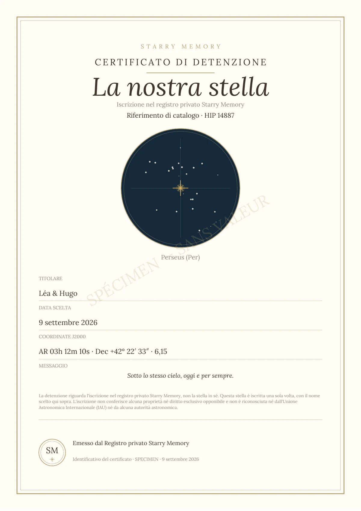 Esempio del certificato Starry Memory: La nostra stella, HIP 14887, per Léa e Hugo