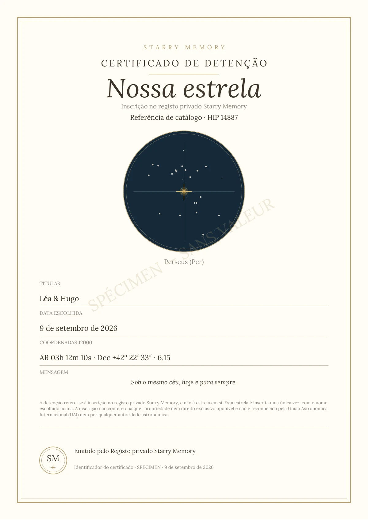 Exemplo do certificado Starry Memory: Nossa estrela, HIP 14887, para Léa e Hugo