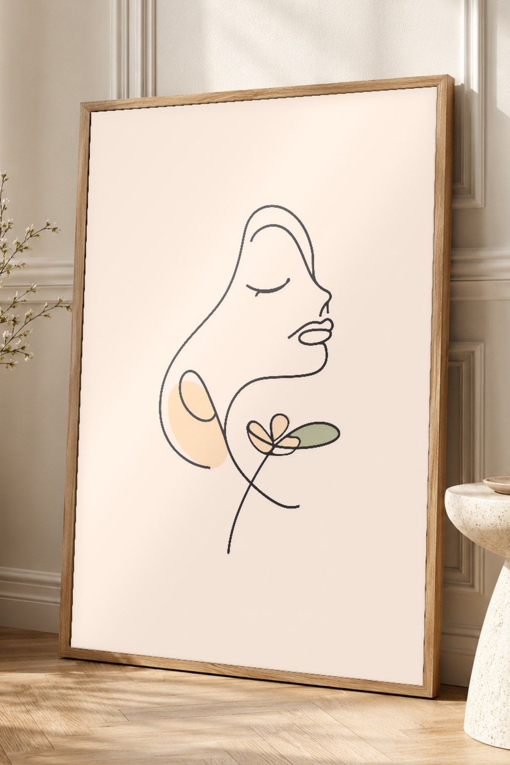 Black Beige One Line Face Wall Art Print