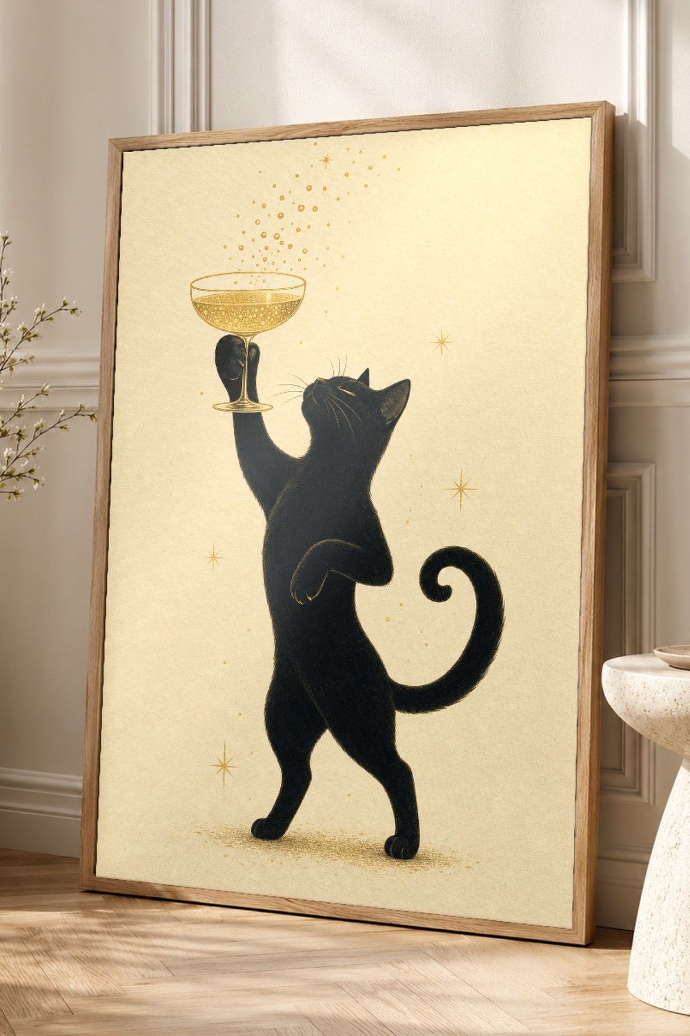 Black Cat Champagne Wall Art Print