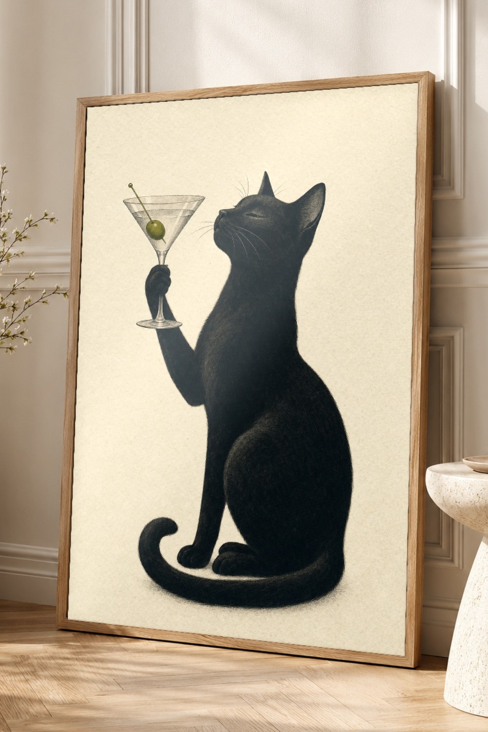 Black Cat Martini Wall Art Print