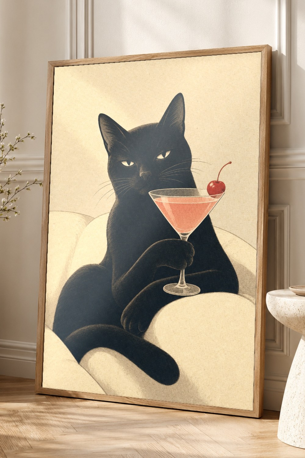 Black Cat Cocktail Wall Art Print