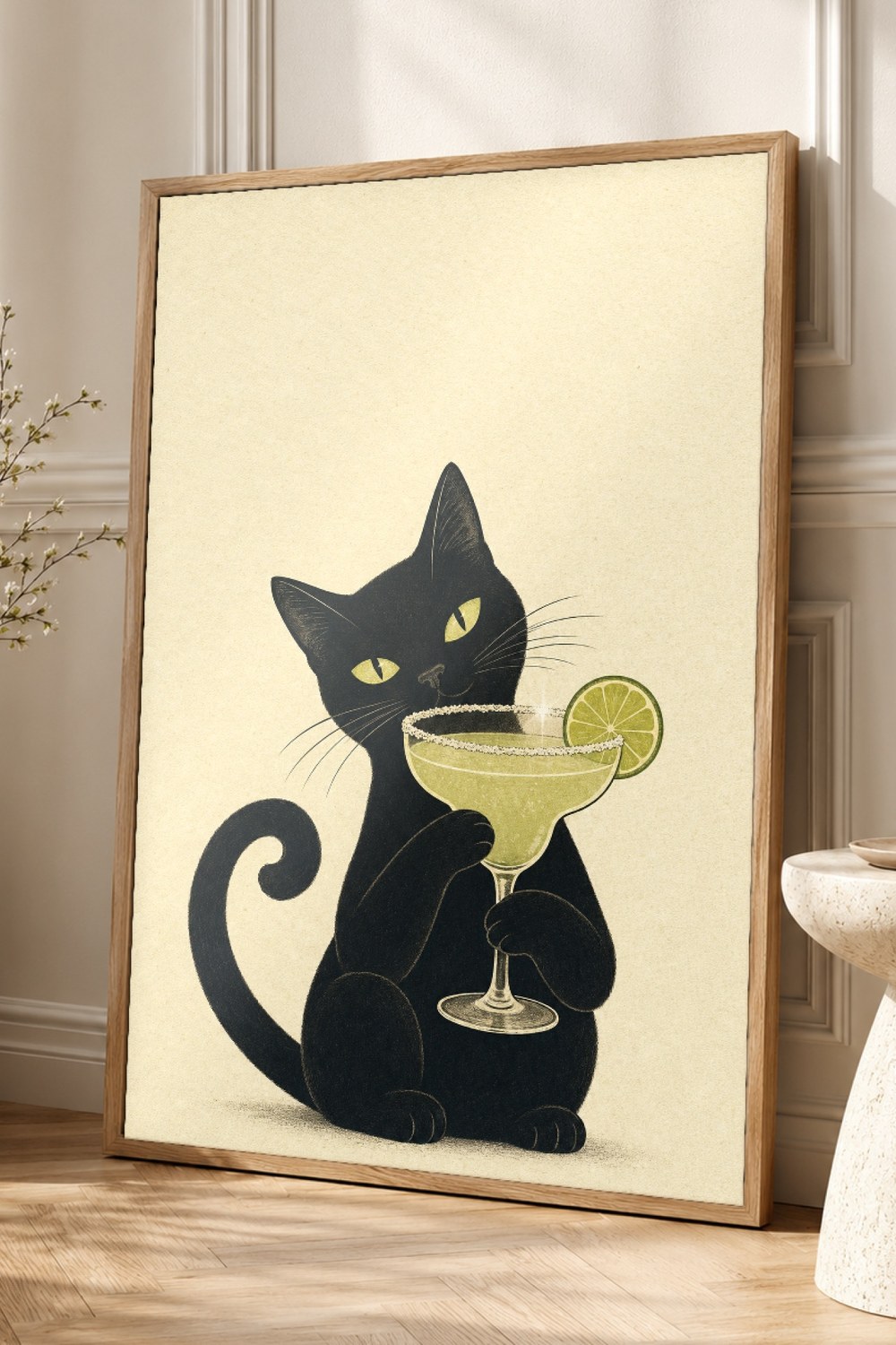 Black Cat Margarita Wall Art Print