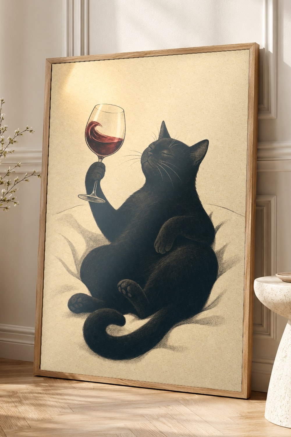 Black Cat Wine Wall Art Print