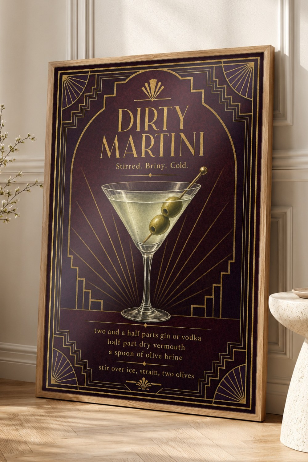 Olive Green Art Deco Dirty Martini Recipe Wall Art Print