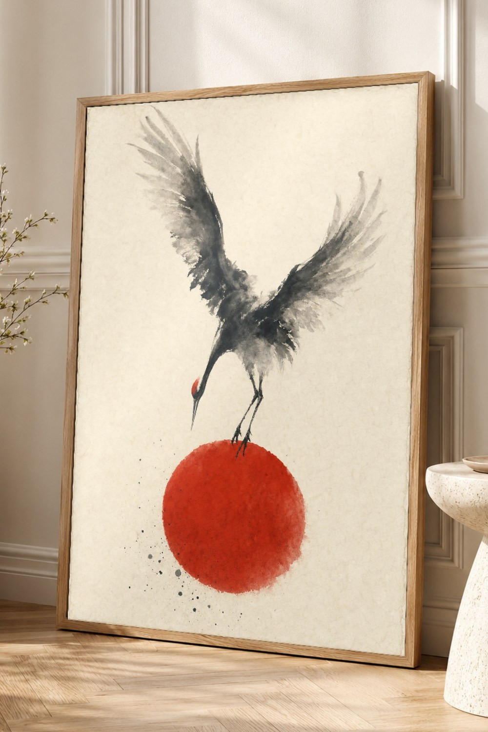 Red Sun Crane Print Japandi Wall Art Print