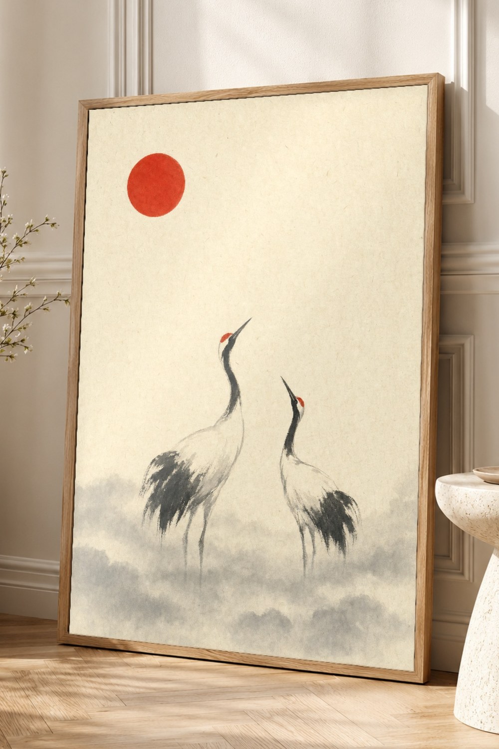 Red Sun Crane Japandi Wall Art Print