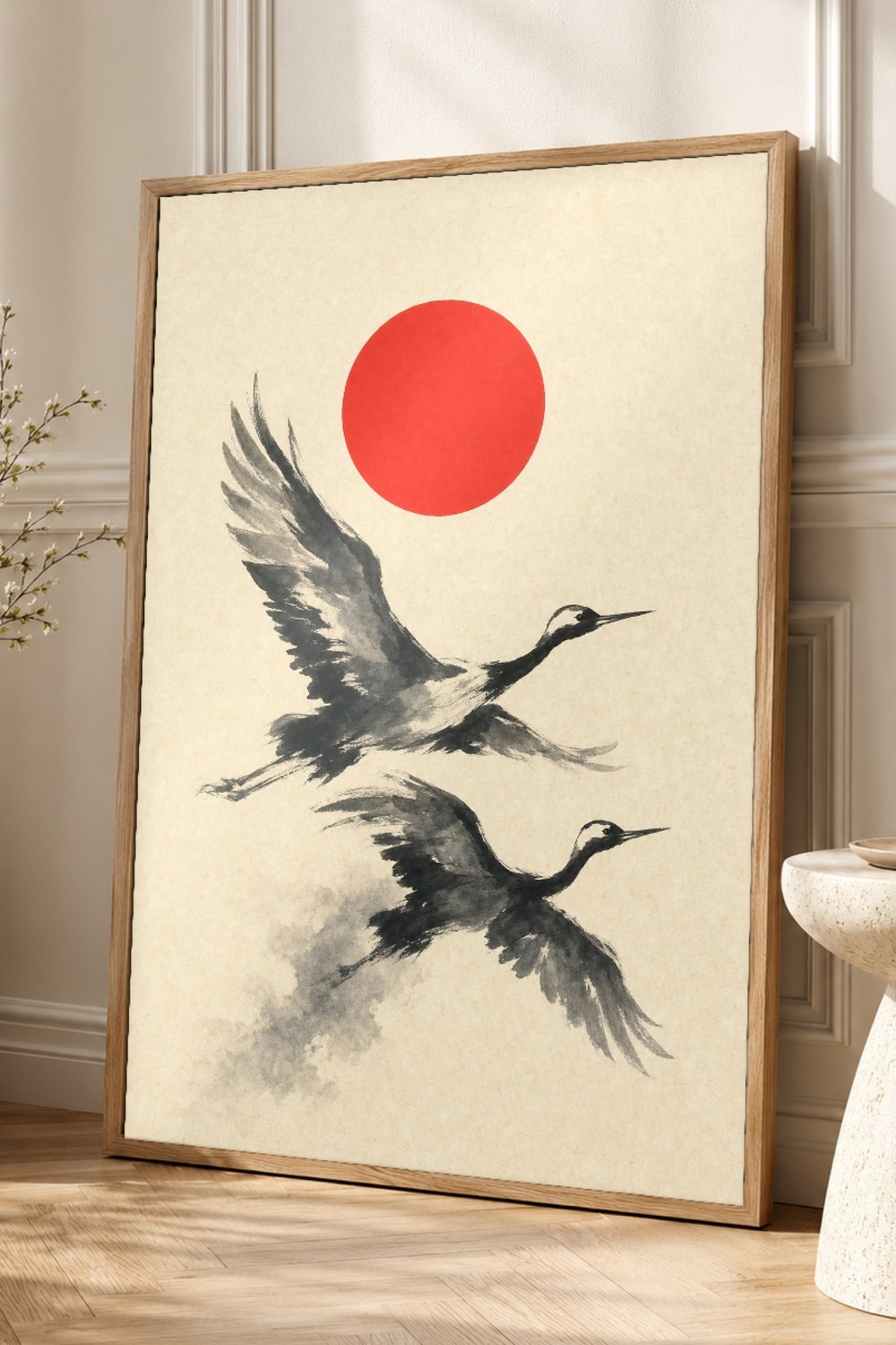 Red Sun Crane Print Japandi Wall Art Print
