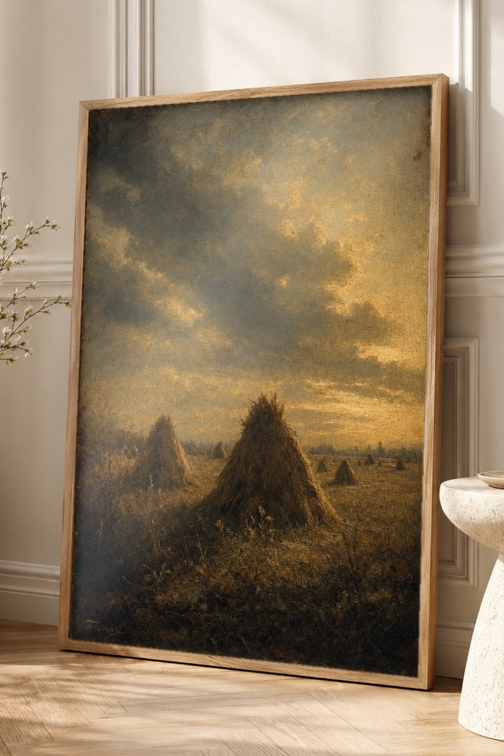 Moody Harvest Field Haystacks Wall Art Print