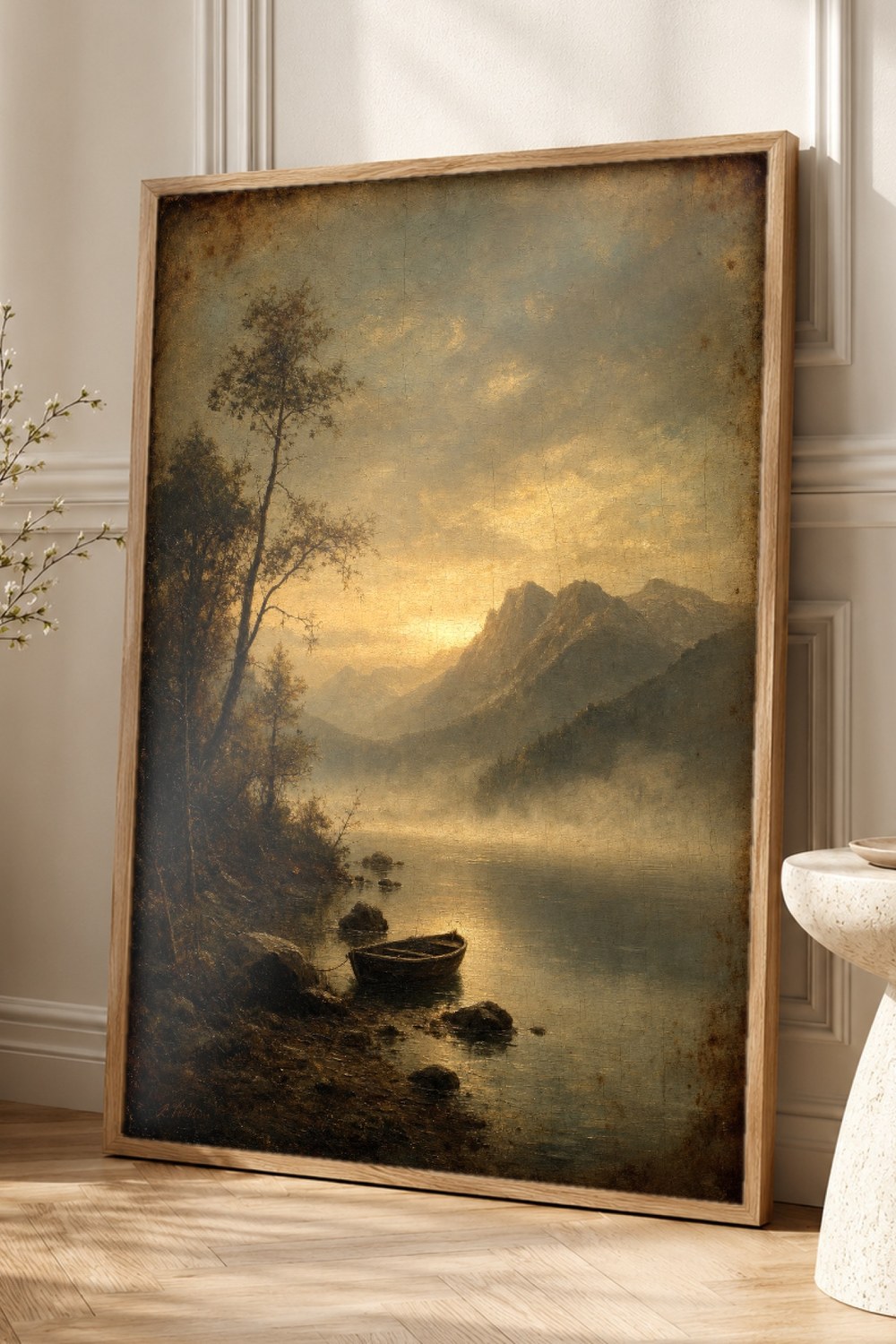 Moody Mountain Lake Rowboat Wall Art Print
